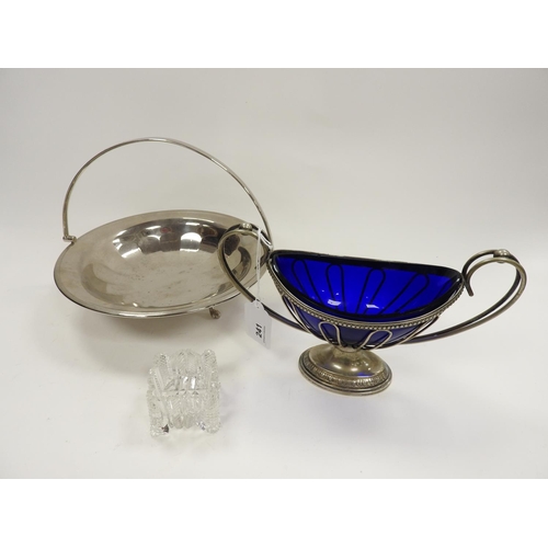 241 - Edwardian silver plated pedestal sucrier with blue glass liner; also silver plated circular bread ba... 