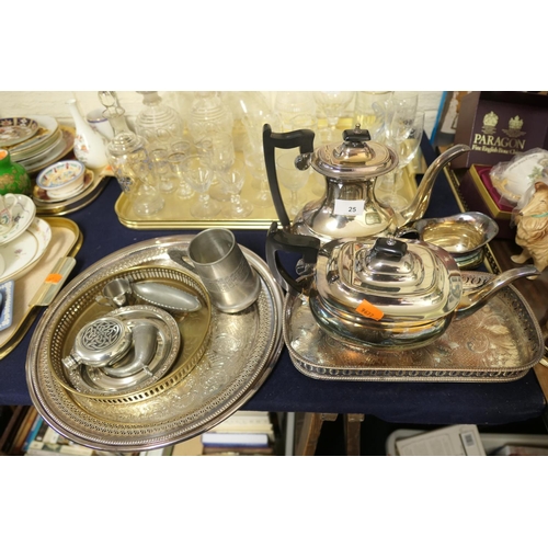 25 - Silver plated wares including teapot, coffee pot, milk jug, serving trays etc.