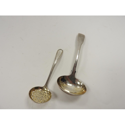 251 - George III silver fiddle pattern sauce ladle, London 1807; also a Victorian silver gilt sifting spoo... 