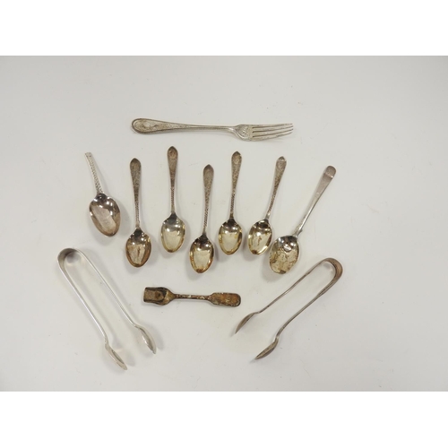 254 - Assorted small silver flatware including spoons, two pairs of sugar tongs, Victorian fork and an 800... 