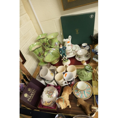27 - Decorative ceramics including royal commemorative tankards, Paragon boxed loving cup, green lustrous... 