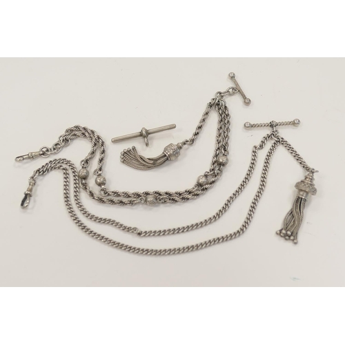 286 - Two Victorian silver lady's fob chains and a silver t-bar (3), gross weight approx. 43g