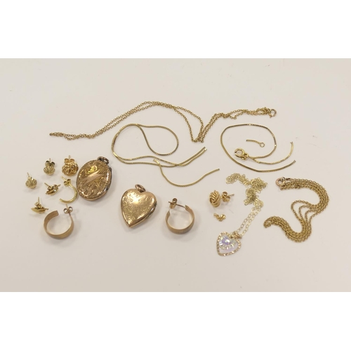 315 - 9ct gold and other earrings, scrap unmarked gold, fine chain necklaces, two gold plated lockets etc.