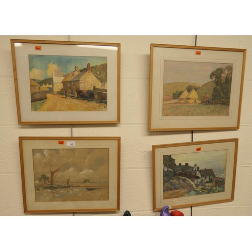 45 - Three framed watercolours and a framed pastel drawing, all by the same hand, indistinctly signed