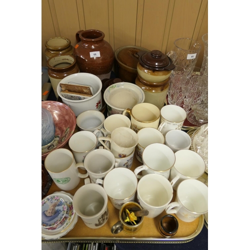 68 - Collection of commemorative tankards, stoneware jars, other mixed ceramics (2 trays)