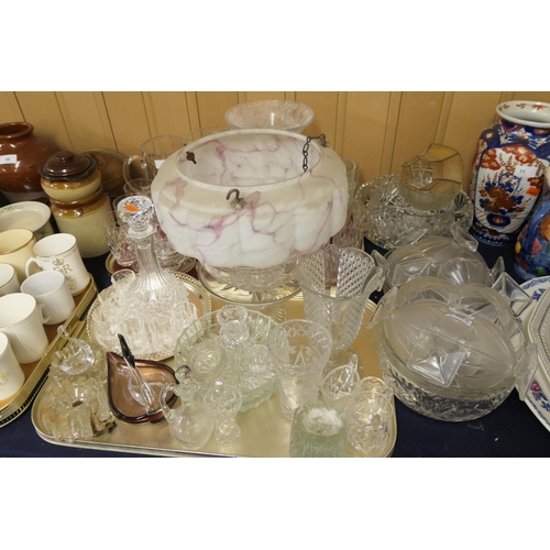 69 - Mixed glassware including cut crystal and moulded glassware, 1930s lampshade etc. (2 trays)