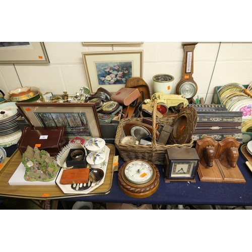 73 - Mixed collectables including assorted treen, the Empress accordion barometer, various sporting troph... 