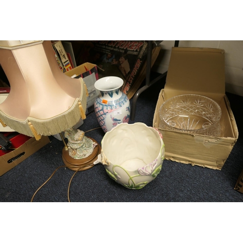 74 - Decorative figural table lamp, large cut glass bowl, porcelain vase and jardiniere