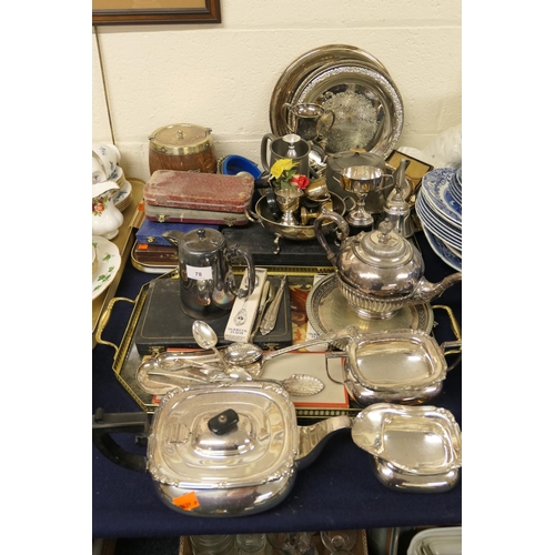 78 - Assorted silver plated wares including a three piece tea service, pewter teapot, oak biscuit barrel,... 