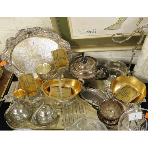 8 - Tray of mixed silver plated wares including decorative swan form preserve jars and a three piece tea... 