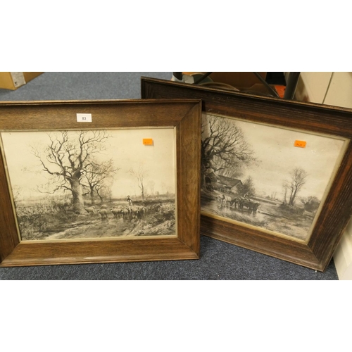 83 - Pair of oak framed black and white prints after H C Fox