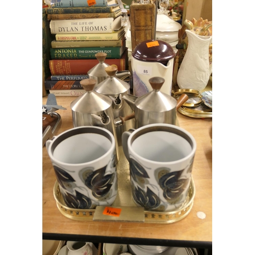 85 - Four Old Hall stainless steel chocolate pots, two Royal Copenhagen tankards and a Portmeirion cafeti... 