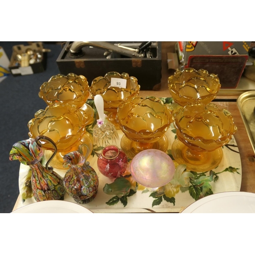 93 - Decorative moulded amber glass sundae dishes, Venetian millefiori glass jugs and other decorative gl... 