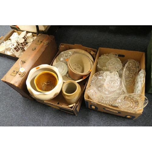 99 - Stoneware jars, jardinieres, mixed glassware and a vintage suitcase (2 boxes)