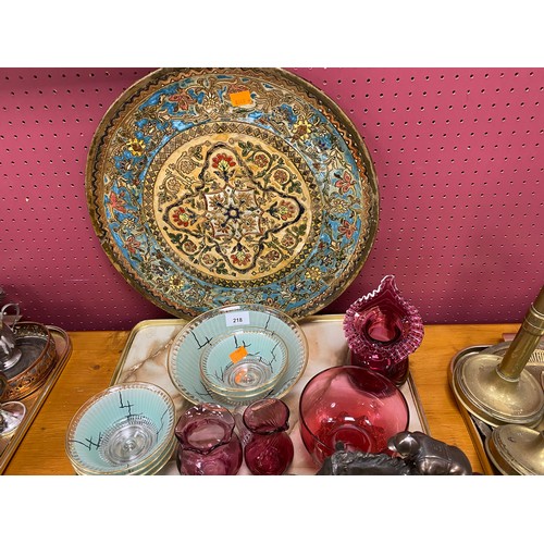 218 - Victorian and later cranberry glass, decorative moulded glass dessert service and a decorative paint... 