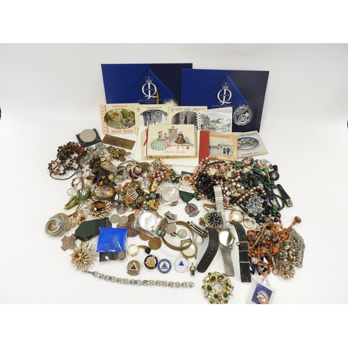 380 - Assorted costume jewellery including two silver royal commemorative coins, vintage watches, Victoria... 