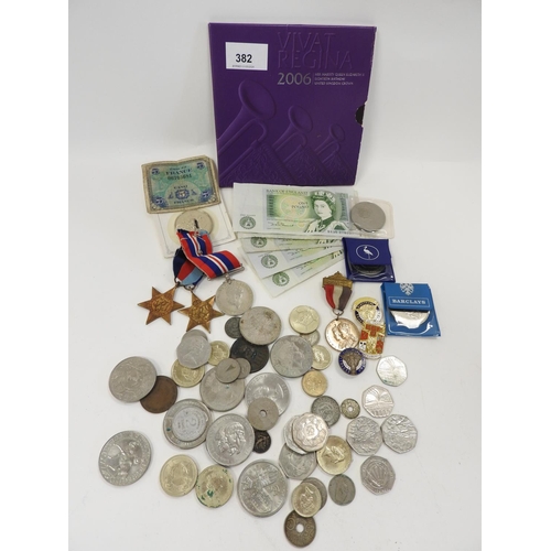 382 - Assorted commemorative crowns, other British coins, small number of £1 banknotes, Second World War m... 