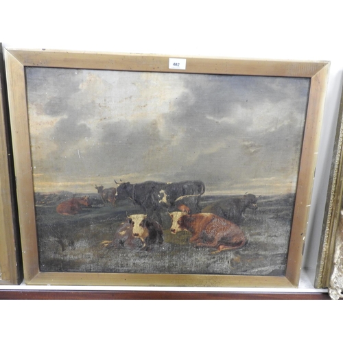 402 - English School, 19th Century, cattle in a landscape, oil on board, indistinctly signed lower left, 5... 