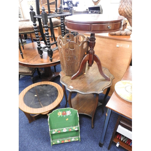 472 - Victorian walnut two tier occasional table, modern pedestal drum table, painted shelves and wooden w... 