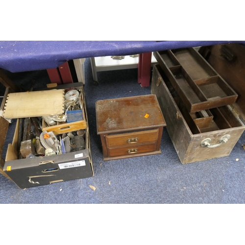 576 - Vintage wooden tool chest and assorted engineering tools