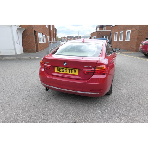 580 - BMW 420i Grande Coupe motor car, reg. DE64 TEV, four door automatic, mileage 67,425, finished in red... 