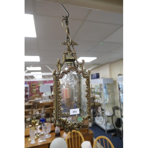 653 - Decorative cast brass and glass hall lantern, total drop 72cm, width 16cm