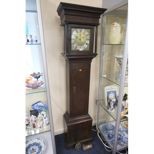 654 - John Fox, Upingham (sic), provincial oak 30 hour long case clock with pendulum and weight, height 16... 