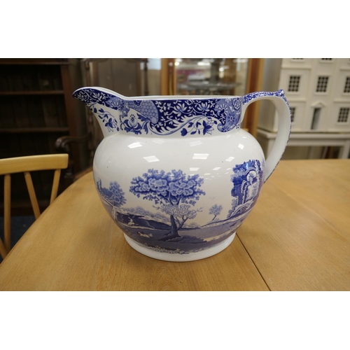 658 - Spode Italian pattern large blue and white jug, height 25cm