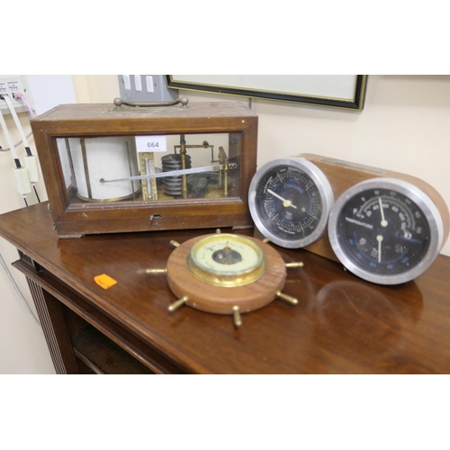 664 - Mahogany cased barograph, Taylor double dial weather set and a ship's wheel style aneroid barometer ... 