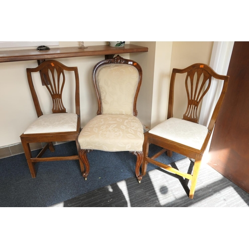 669 - Victorian walnut and upholstered lady's spoon back salon chair, circa 1870, and a pair of mahogany s... 