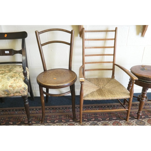 678 - Arts & Crafts period stained beech rush seated open armchair; also a bent wood side chair (2)