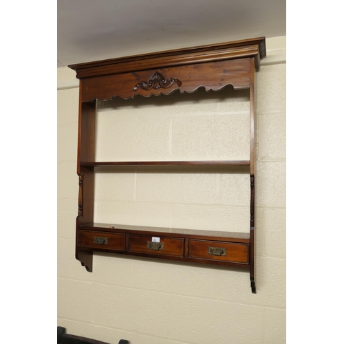 681 - Mahogany open wall shelf fitted with three drawers, width 100cm, height 112cm