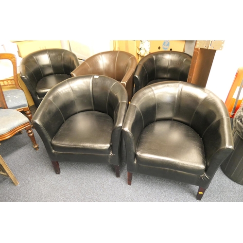 687 - Set of four black leatherette upholstered tub chairs and a similar brown tub chair (5)