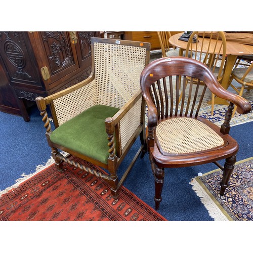 659A - Victorian mahogany cane seated bow back armchair; also a George V bergere barley twist armchair (2)