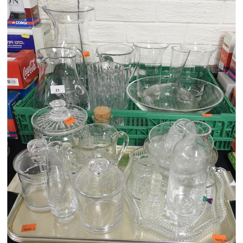 23 - Assorted modern glassware including vases, water jugs, cookie jar etc. (2 trays)