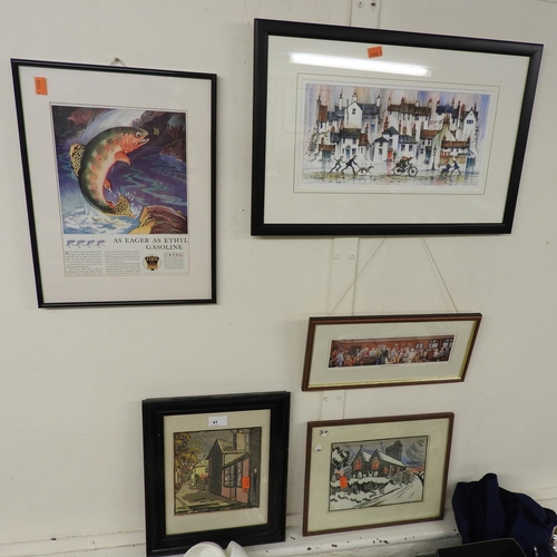 41 - Two framed lino cut prints and three further prints (5)