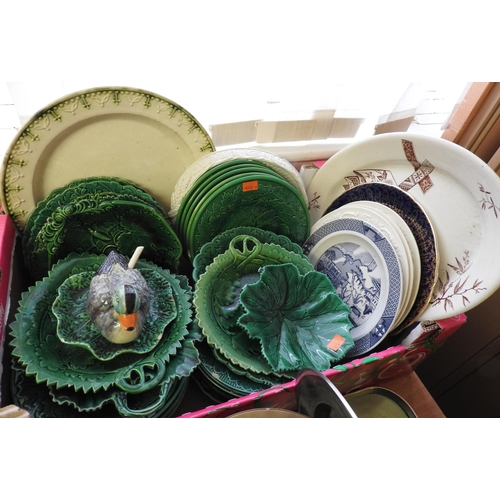 52 - Collection of Victorian and later green Majolica leaf plates, Parian bread plate and other decorativ... 