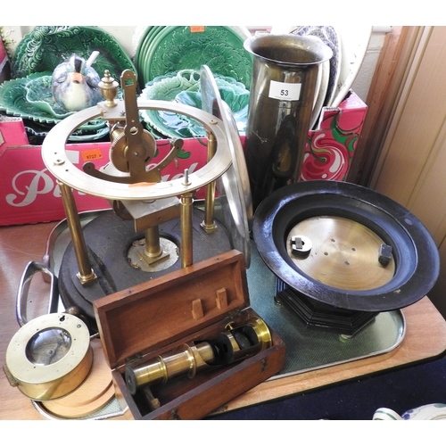 53 - Student's mahogany cased lacquered brass field microscope, various clock components and a reproducti... 