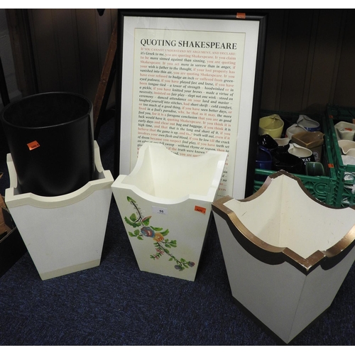 55 - Four decorative decorated bins and a framed print 'Quoting Shakespeare'