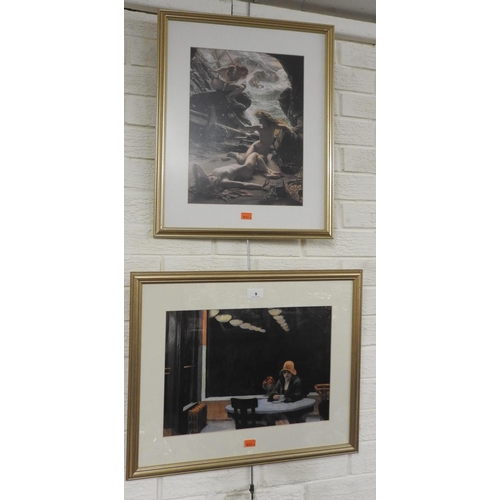 9 - After Poynter, Cave of the storm nymphs, framed coloured print; also Edward Hopper print (2)