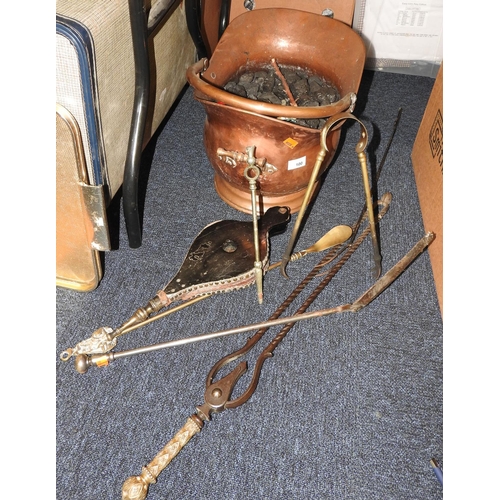 100 - Victorian copper coal scuttle with coal contents, various fire irons, bellows etc.