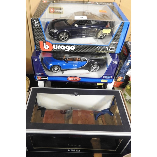 64 - Two Burago collector's die cast models; also a Solido BMW and Norev Ford Capri, all boxed (4)