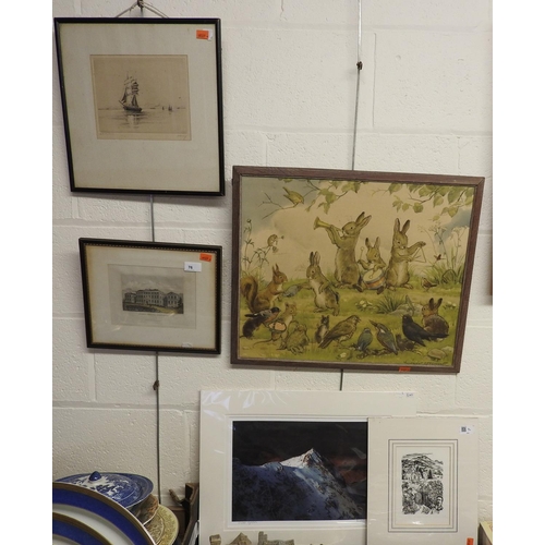 76 - Margaret Tarrant framed print; also a framed dry point etching of a clipper ship, framed engraving a... 