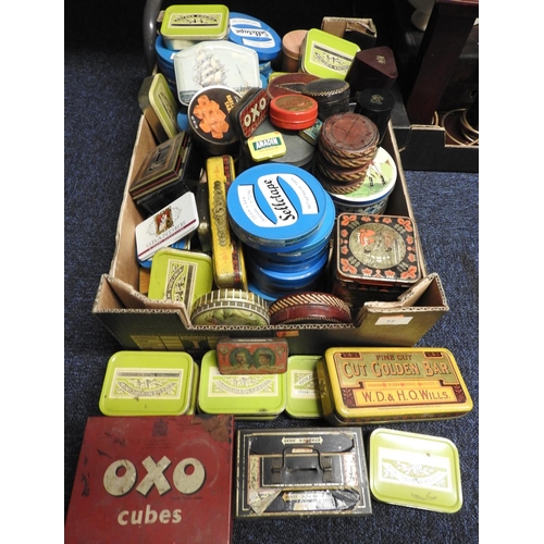 77 - Quantity of vintage tins including tobacco tins, OXO, Sellotape etc.