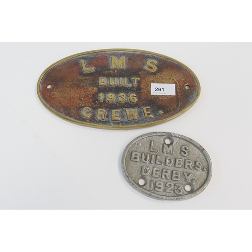 261 - Cast brass plaque, LMS built 1936 Crewe, 26cm; also a further cast metal plaque, LMS Builders Derby ... 