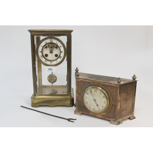 262 - French brass four glass mantel clock; also a Mappin & Webb copper mantel clock (2)