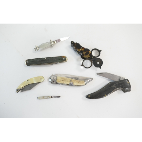 278 - Small selection of pocket knives including a Victorian horn mounted shoe example; also a Victorian t... 