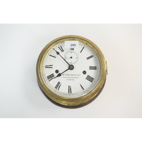 280 - D. McGregor & Co., Glasgow Greenock & Liverpool brass bulkhead clock on a mahogany circular wall bra... 