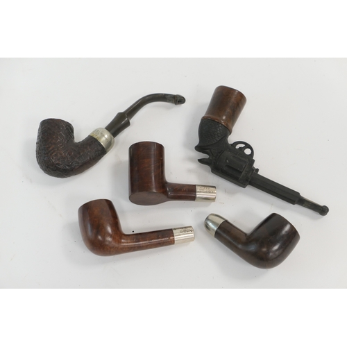 286 - Adolf Frankau novelty briar pipe modelled as a revolver pistol and four further briar pipe bowls, tw... 