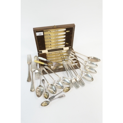 289 - Walker & Hall oak cased mother-of-pearl handled dessert knives and forks; also assorted other loose ... 